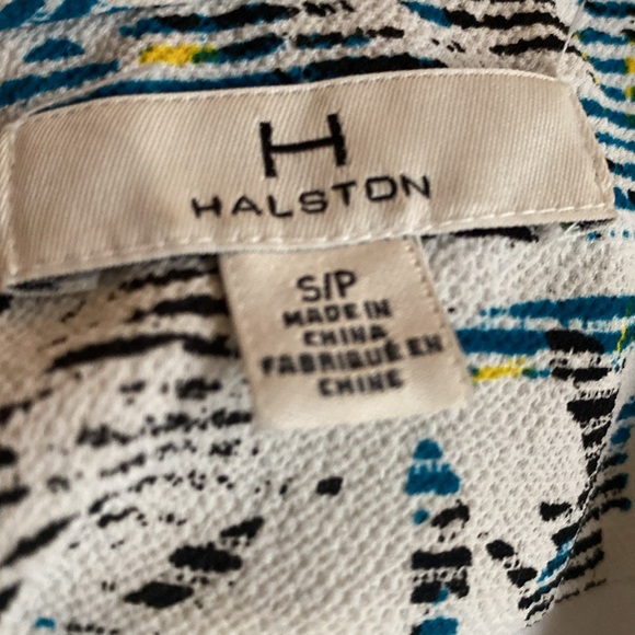 EUC H by Halston white yellow black blue leaf print wrap hi/low maxi dress - Picture 8 of 10